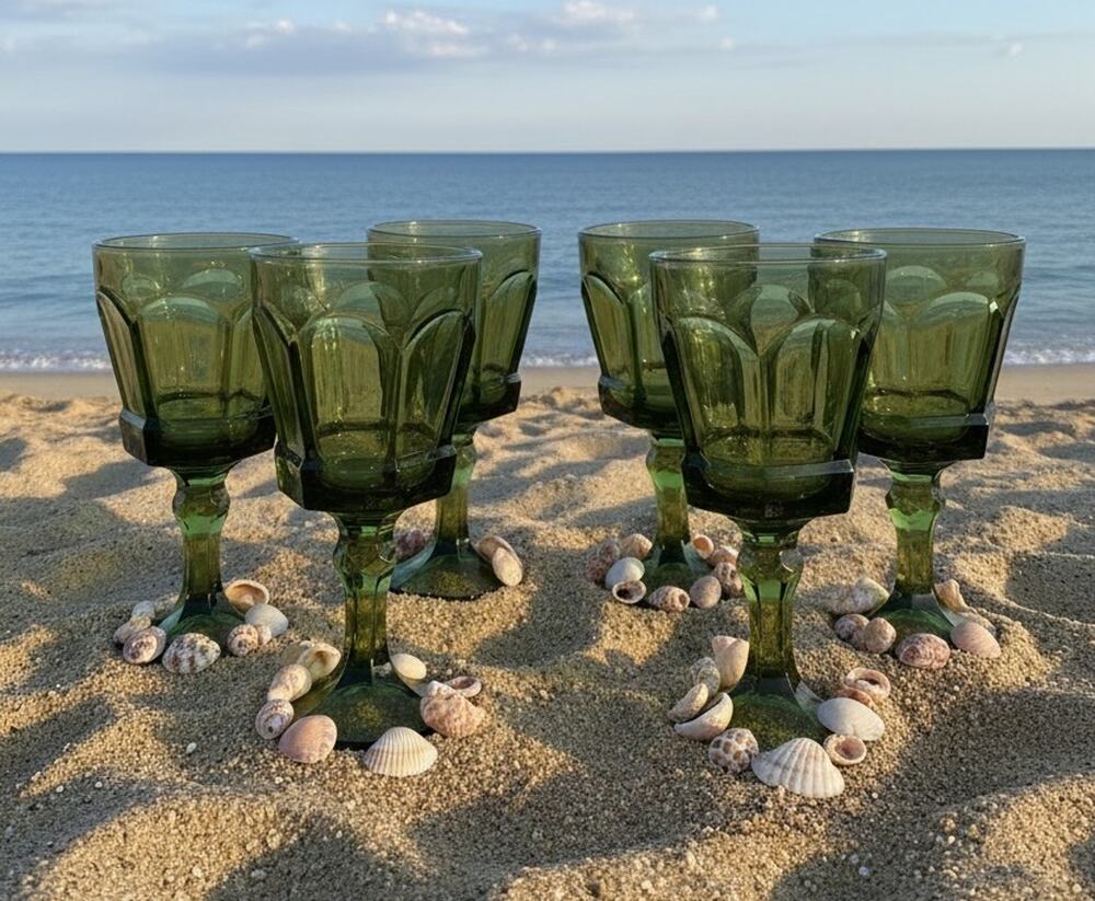 Vintage 6Pc Fostoria Virginia Green Pressed Glass Goblet
